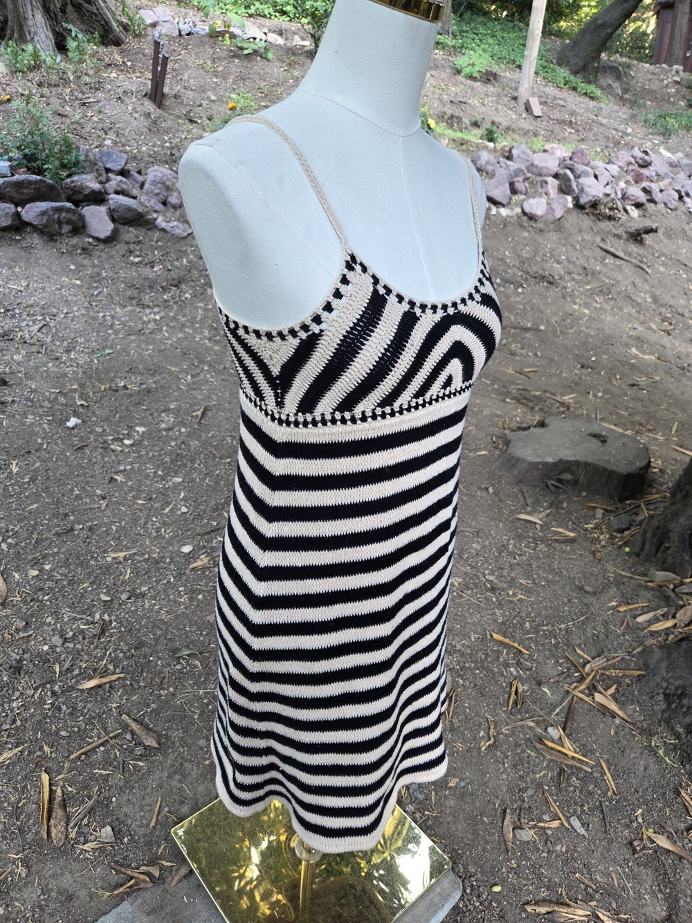 Miou Muse Striped Black and Cream Knit Spaghetti Strap Dress - Picture 3 of 8